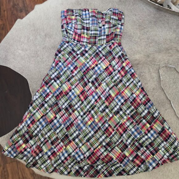 J. Crew Women Madras Midi Dress Strapless Fit Flare Patchwork Preppy Y2K Wmn 6 - Picture 1 of 8
